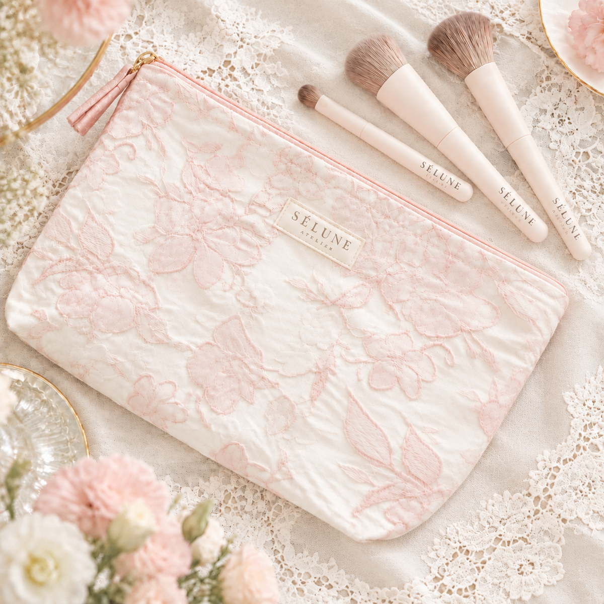 The Blush Floral Embroidery Cosmetic Pouch